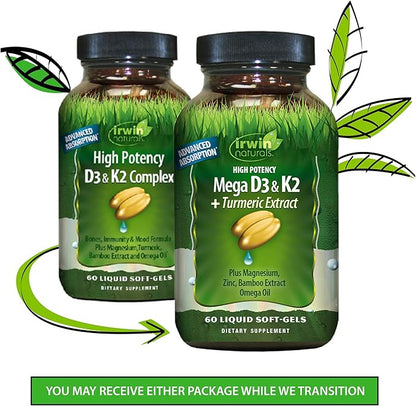 Irwin Naturals High Potency Mega D3 & K2 + Turmeric Extract for Healthy Bones, Immune Function & Positive Mood - Advanced Absorption with Magnesium, Turmeric, Bamboo & Omega Oil - 60 Liquid Softgels
