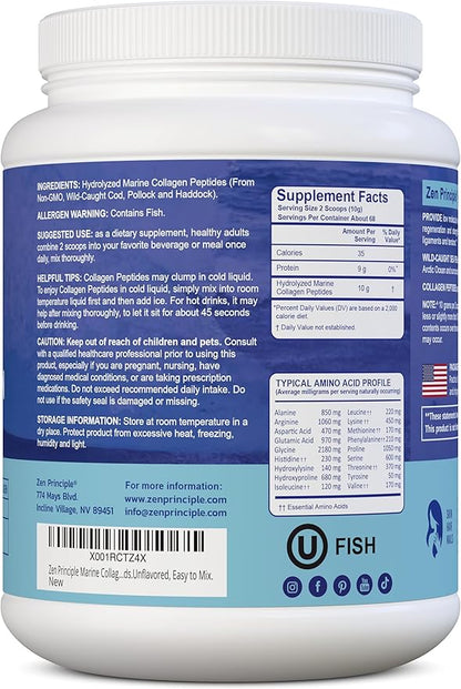 Zen Principle Marine Collagen Peptides Powder 1.5 lb. Wild-Caught Fish, Non-GMO. Supports Healthy Skin, Hair, Joints and Bones.Hydrolyzed Type 1 & 3 Protein. Amino Acids.Unflavored, Easy to Mix.