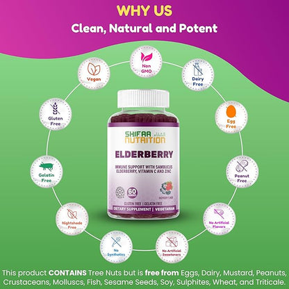 Vegan Black Sambucus Elderberry Gummies | Non-GMO | 60 Gummies, 30 Serving w/ 100mg Elderberry, 90mg Vitamin C, 7.5mg Zinc | Immune Support, Antioxidant Flavonoids Halal Vitamins