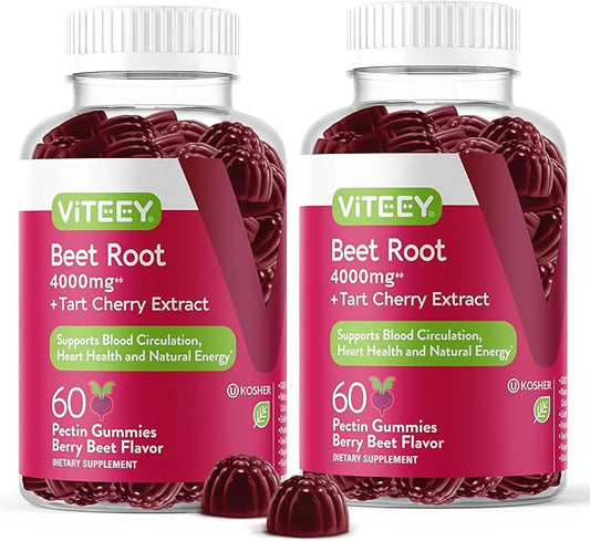 Viteey Beet Root Gummies 4000mg with Tart Cherry - for Healthy Blood Pressure Support - Vegan, Gelatin Free, Gluten Free - Tasty Chewable Berry Beet Flavored Gummy