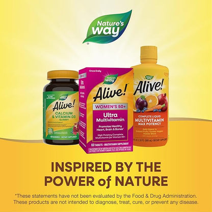 Nature’s Way Alive! Women’s 50+ Ultra Potency Complete Multivitamin, High Potency Formula, Promotes Healthy Heart, Brain, Bones*, with Methylated B12, Gluten-Free, 60 Tablets