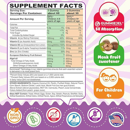 Kids Multivitamin + Immune Support Gummies, Vitamin C D3 & Zinc, Omega-3, Vitamin A, E, Elderberry, Kids Vitamin Gummies for Healthy Development, Immunity, Bone Growth & Eye Health, Sugar Free, 60 Cts