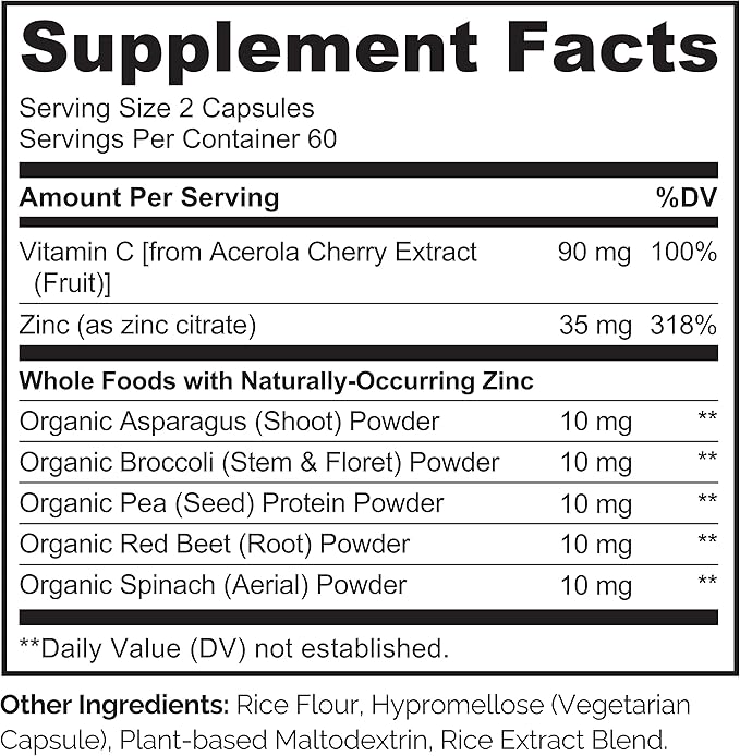 NATURELO Vegan Zinc Immune Support Capsules - Whole Food Complex with Vitamin C for Healthy Skin, Hair, and Nails - 120 Capsules (Pack of 2)