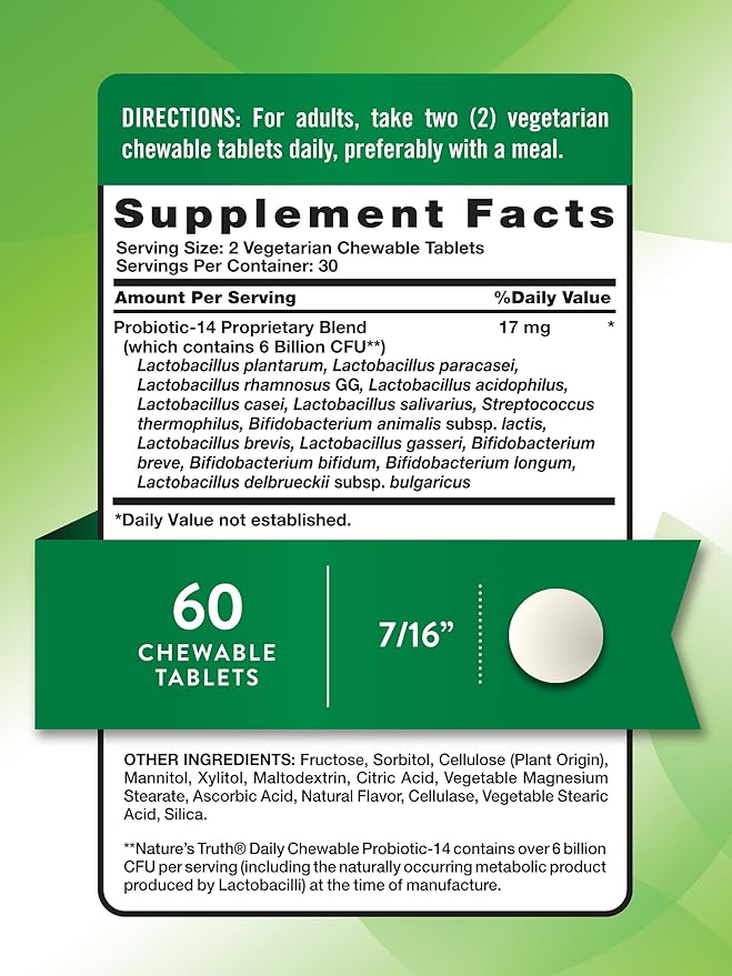 Nature's Truth Probiotic Chewable for Men and Women | 6 Billion CFU | 60 Count | 14 Strains | Berry Flavor | Non-GMO & Gluten Free