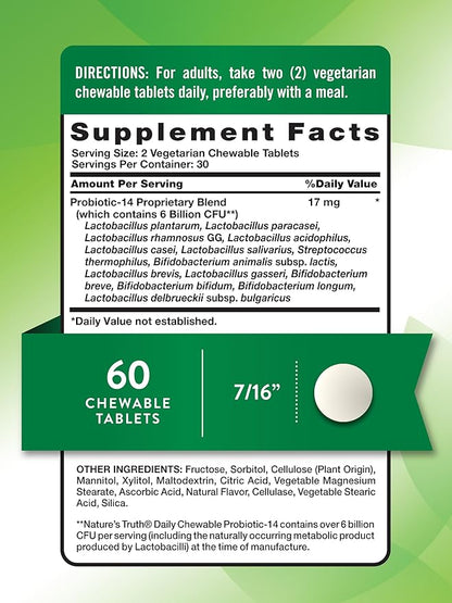 Nature's Truth Probiotic Chewable for Men and Women | 6 Billion CFU | 60 Count | 14 Strains | Berry Flavor | Non-GMO & Gluten Free