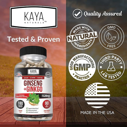 Kaya Naturals Red Panax Ginseng + Ginkgo Biloba - Nootropic Brain Supplement - Cognitive and Concentration Support - Brain Booster, Focus, and Memory Supplement - 180 Capsules