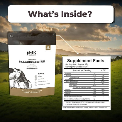 MK Supplements Grass-Fed Collagen & Colostrum Supplement, Chocolate (30 Servings) - Non-GMO, Gluten Free, Supports Gut Health, Immunity, Hair, Skin, Nails, Joints