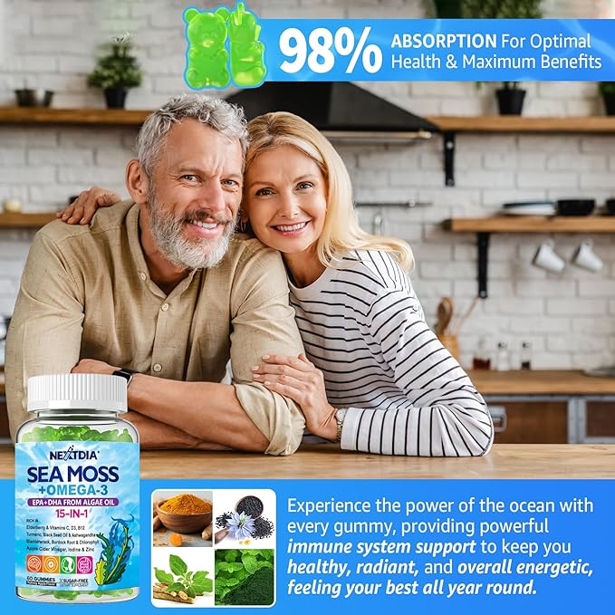 Sea Moss Gummies + Omega-3 (Made in USA) Vegan for Man Women, Organic Irish Seamoss Supplement w/Ashwagandha, Turmeric, Vitamin D3 B12 C, Burdock Root, Bladderwrack, for Brain, Energy, Immunty, 120Cts