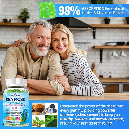 Sea Moss Gummies + Omega-3 (Made in USA) Vegan for Man Women, Organic Irish Seamoss Supplement w/Ashwagandha, Turmeric, Vitamin D3 B12 C, Burdock Root, Bladderwrack, for Brain, Energy, Immunty, 120Cts
