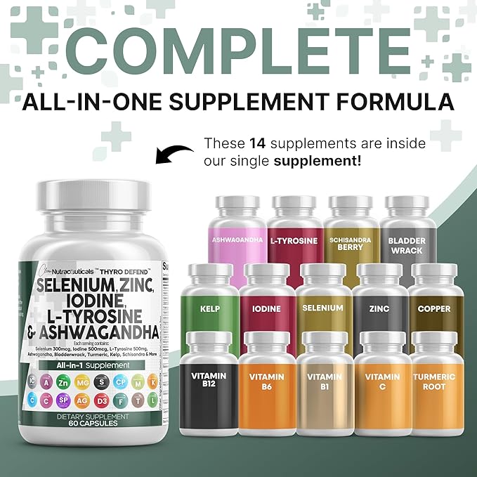 Clean Nutra Selenium 300mcg Iodine 500mcg Thyroid Support for Women & Men | L Tyrosine 500mg Ashwagandha Supplement Bladderwrack, Turmeric, Kelp, Schisandra Zinc Pills Capsule Supplements