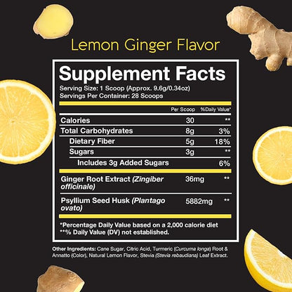 Pinch Magic Fiber Supplement Powder | Lemon Ginger Flavored Psyllium Husk Powder for Digestive Health & Gut Support | Low Sugar Supplement for Keto & Vegan Diets | USA-Made | 28-Day Supply