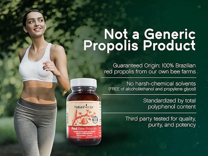 NaturaNectar - Red Bee Propolis Capsules - NSF Contents Certified Premium Brazilian Propolis - Gluten-Free Supplements with More Diverse Flavonoids & PWE - Sourced Through Ethical Beekeeping (60pcs.)