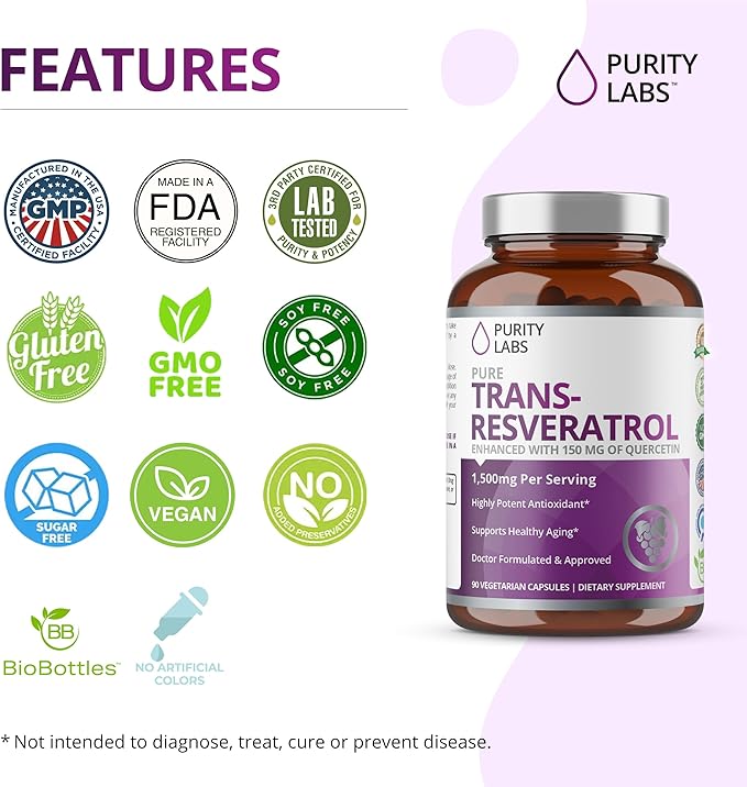Purity Labs Pure Organic Trans-Resveratrol - Vegan Supplements for Heart, Skin, Hair, Nails - Supplement - 90 Capsules