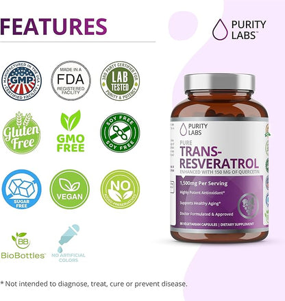 Purity Labs Pure Organic Trans-Resveratrol - Vegan Supplements for Heart, Skin, Hair, Nails - Supplement - 90 Capsules