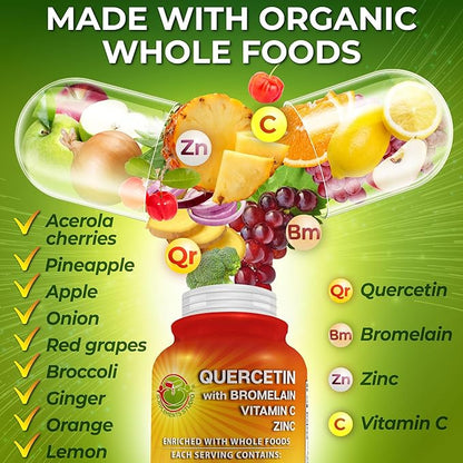 Quercetin with Bromelain Vitamin C and Zinc Enriched with Organic Whole Foods - 1215mg per Serving - Quercetin Phytosome 500mg Capsules with Ginger and Flavonoids for Immune Support - 120 count