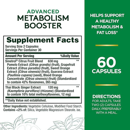Nature's Bounty Advanced Metabolism Booster, Helps Support Healthy Metabolism & Fat Loss, 60 Capsules