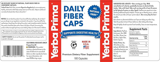 Yerba Prima Daily Fiber Capsules, 180 Caps (Pack of 3) - Soluble Dietary Fiber Supplement - Colon Cleanse - Gut Health - Constipation Relief, Vegan, Non-GMO, Gluten-Free