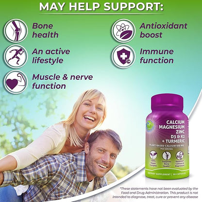 Plant-Based Calcium 600mg (Aquamin) – Vegan Calcium Magnesium Zinc D3 with Vitamin K2 & Organic Turmeric – Enhanced Bone and Muscle Health & Strength, Immune Support for Women & Men - 90 Count