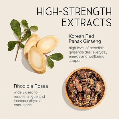 Panax Ginseng and Rhodiola Rosea 2000mg - Korean Ginseng High Strength 60 Capsules - Herbal Supplement for Men & Women - Energy Complex with Ginseng Root Extract Standardized 7% Ginsenosides - US Made