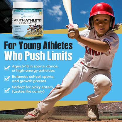 Youth Athletic Gummies – Kids Multivitamin Gummies with Essential Nutrients, Immune & Energy Support, Vegan & Gelatin-Free, Includes Vitamins A, C, B3, B12, Omega-3, Zinc – Ages 5-18