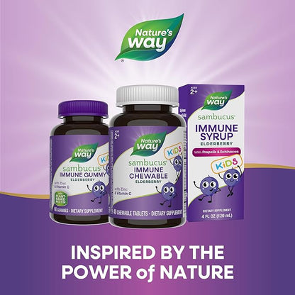 Nature's Way Sambucus Immune Chewable for Kids, Elderberry, Ages 2+, Immune Support*, Vitamins C & A, Zinc, Gluten Free, 40 Chewable Tablets (Packaging May Vary)