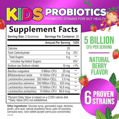 Kids Probiotic Gummies - Chewable Daily Probiotics for Kids Ages 3+ - Natural Digestive Health & Immune Support Vitamin - Vegan, Gluten Soy & Dairy Free, Berry Flavored, Shelf Stable - 60 Gummies