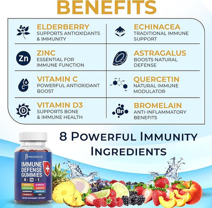 8 in 1 Immune Defense Booster Supplement Gummies with Astragalus Root, Vitamin C and Zinc, Vitamin D3, Elderberry and Quercetin (2 Pack)