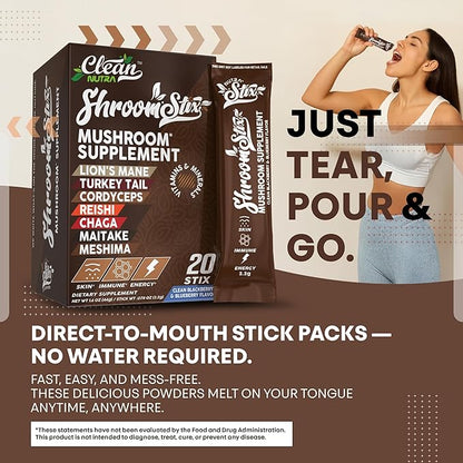 Clean Nutraceuticals Lions Mane 24in1 Mushroom Supplement with Turkey Tail Reishi Cordyceps Chaga Maitake Shiitake Enoki Oyster Porcini Tremella – 20 Easy to Take Shroom Stix