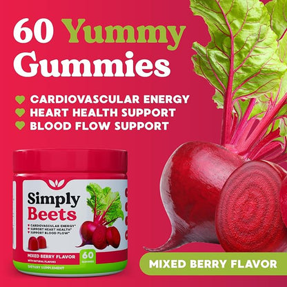 Beet Gummies with CoQ10-Nitric Oxide & Energy Support-Non-GMO Beetroot Powder & Grape Seed Extract- Natural Mixed Berry Flavor-60 Count