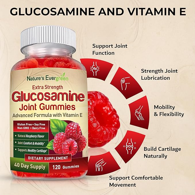 Extra Strength Glucosamine Joint Support Gummy Supplement | Natural Joint Health Support & Flexibility for Back, Knees, & Hands | Vitamin E for Immune Support for Women & Men | 120 Gummies