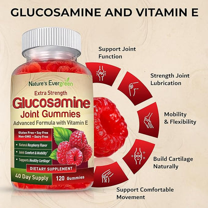 Extra Strength Glucosamine Joint Support Gummy Supplement | Natural Joint Health Support & Flexibility for Back, Knees, & Hands | Vitamin E for Immune Support for Women & Men | 120 Gummies