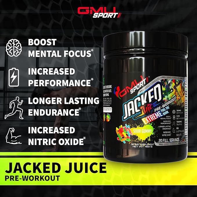 GMU SPORT Jacked Juice Pre Workout | Explosive Energy, Focus & Muscle Pumps | 8g Citrulline Malate, 3g Creatine, Beta Alanine, Alpha-GPC | 250mg Caffeine | 40 Servings Watermelon