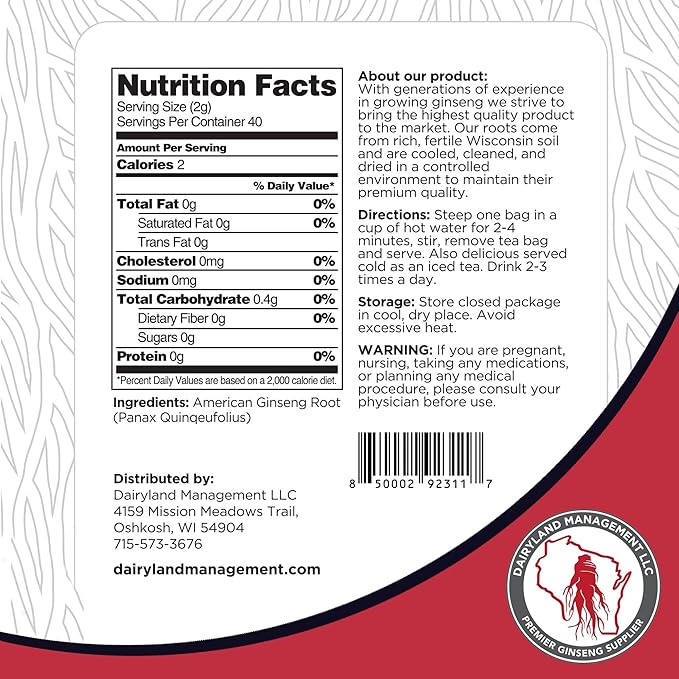 Dairyland American Ginseng Tea Bags 美国人参茶 (40 ct) - Premium Wisconsin Ginseng Tea - Authentic American Ginseng Tea - Non-GMO, Gluten Free Ginseng Drink - Enjoy Pure Ginseng Tea Daily