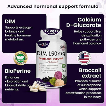 Women’s DIM Complex 150mg - Bioperine Estrogen Balancing Pills for Menopause & Hot Flashes Relief Support Hormonal Acne Powerful Supplement - 60 Capsules - Made in USA