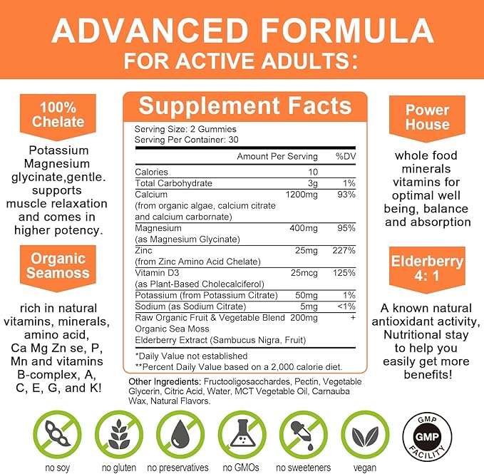 Calcium Gummies with D3,K2,Zinc - Plant Complex Calcium Magnesium Supplement with Glycinate,Potassium,Vitamin C &Whole Natural Food for Bone & Immune Support- 60 Chewable Gummy Sugar-Free