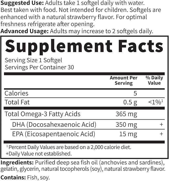 Garden of Life Oceans Mom Prenatal Fish Oil DHA, Omega 3 Fish Oil Supplement - Strawberry, 350mg Prenatal DHA Pregnancy Fish Oil Support for Mamas, Babys Brain & Eye Development, 30 Small Softgels