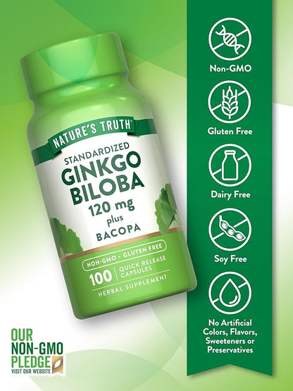 Nature's Truth Ginkgo Biloba 120mg | Plus Bacopa | 100 Quick Release Capsules | Standardized Extract | Non-GMO and Gluten Free Supplement