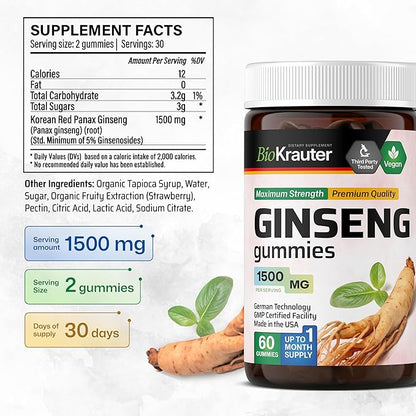 BIO KRAUTER Panax Ginseng Gummies - 1500 mg Strength - 60 Count - Chewable Red Ginseng Supplement - Immune Support Gummies - Vegan, Pectin-Based, Non-GMO