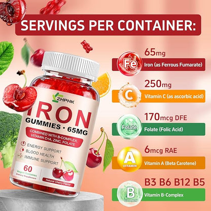 Iron Gummies Supplement for Women, Men & Kids, Iron 65mg with 250mg Vitamin C B6 B12 Folate Healthy Blood, Energy & Immune Support Gentle on Stomach Ferrous Fumarate, 120 Count