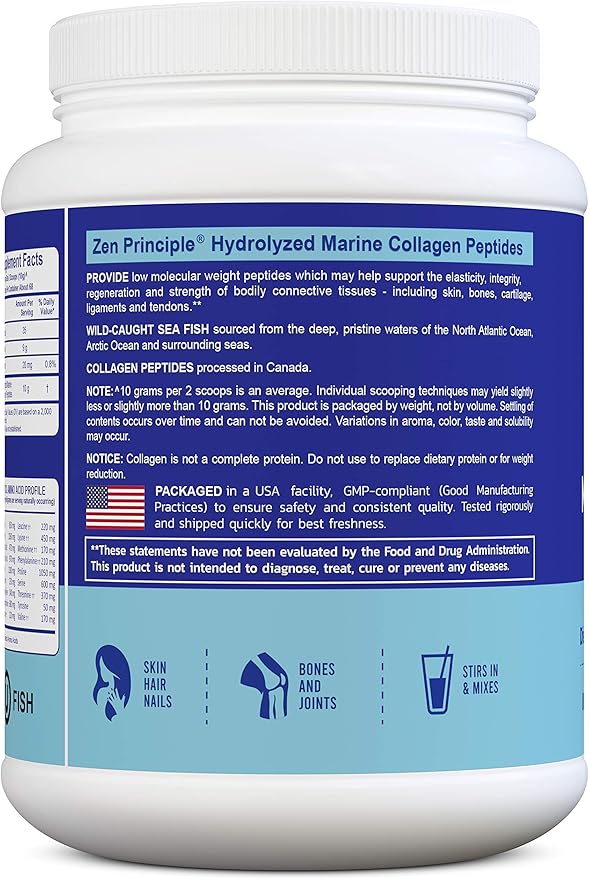 Zen Principle Marine Collagen Peptides Powder 1.5 lb. Wild-Caught Fish, Non-GMO. Supports Healthy Skin, Hair, Joints and Bones.Hydrolyzed Type 1 & 3 Protein. Amino Acids.Unflavored, Easy to Mix.