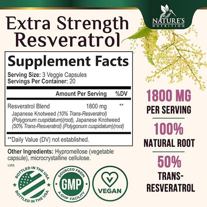 Resveratrol Supplement 1800mg - Extra Strength Antioxidants for Healthy Aging & Immune Support - Heart Health & Cellular Energy Support - Non-GMO, Bioavailable Trans-Resveratrol - 60 Vegan Capsules