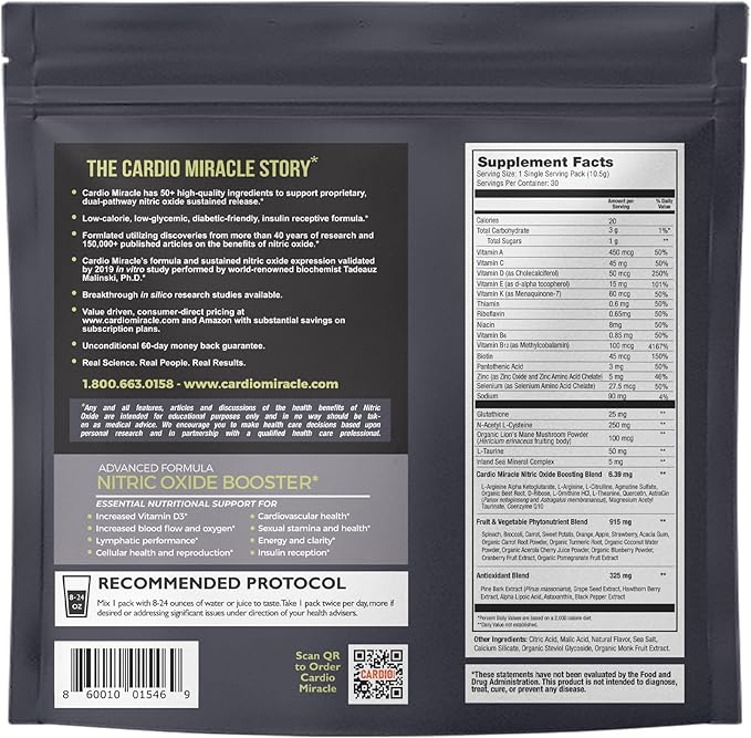 The Complete Nitric Oxide Solution - Nutritional Heart Healthy L-Arginine and Organic Beetroot Drink Mix, 30-Pak Single-Serving Pouch