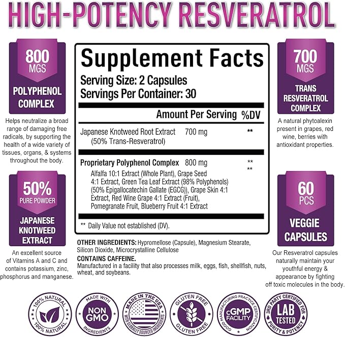 Purely Optimal Resveratrol 1500mg - High Potency Trans-Resveratrol Supplement with Polyphenols, 60 Vegan Capsules - Supports Graceful Aging, Vitality, Immune Function & Total Body Wellness