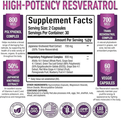 Purely Optimal Resveratrol 1500mg - High Potency Trans-Resveratrol Supplement with Polyphenols, 60 Vegan Capsules - Supports Graceful Aging, Vitality, Immune Function & Total Body Wellness