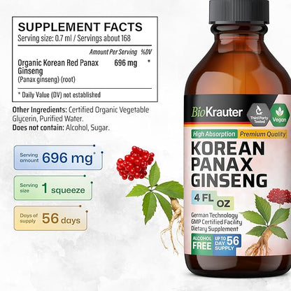 BIO KRAUTER Korean Red Ginseng Extract Liquid - Alcohol & Sugar Free Panax Ginseng Supplement - Vegan Immune Support Supplement - 4 Fl. Oz.