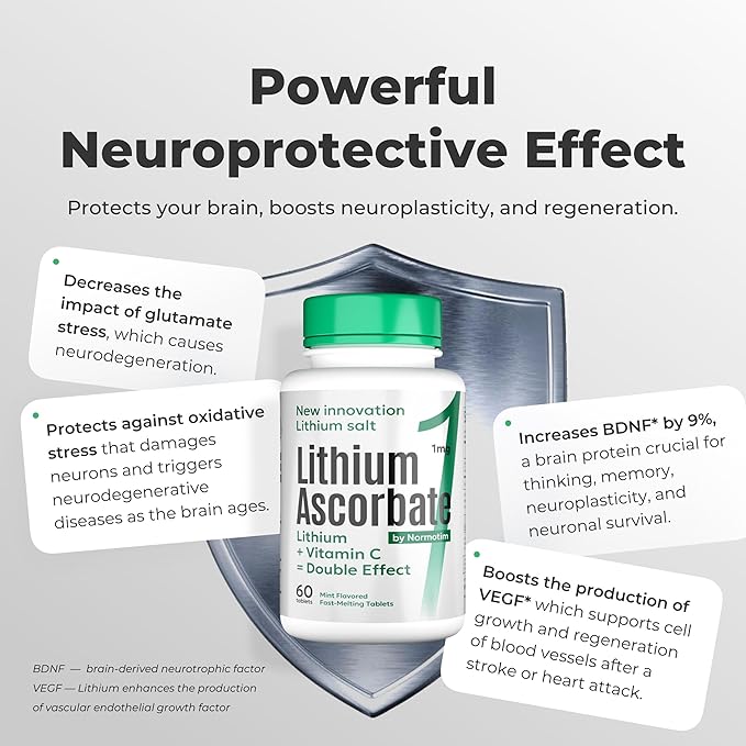 Lithium Ascorbate 1 mg with Vitamin C - 60 Tablets – Brain Supplements for Memory and Focus, Mood and Stress Relief Supplement, Lithium Orotate, Depression Support, Brain Booster
