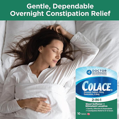 Colace 2-IN-1 Stool Softener & Stimulant Laxative Tablets, 10 Count, Gentle Constipation Relief In 6-12 Hours
