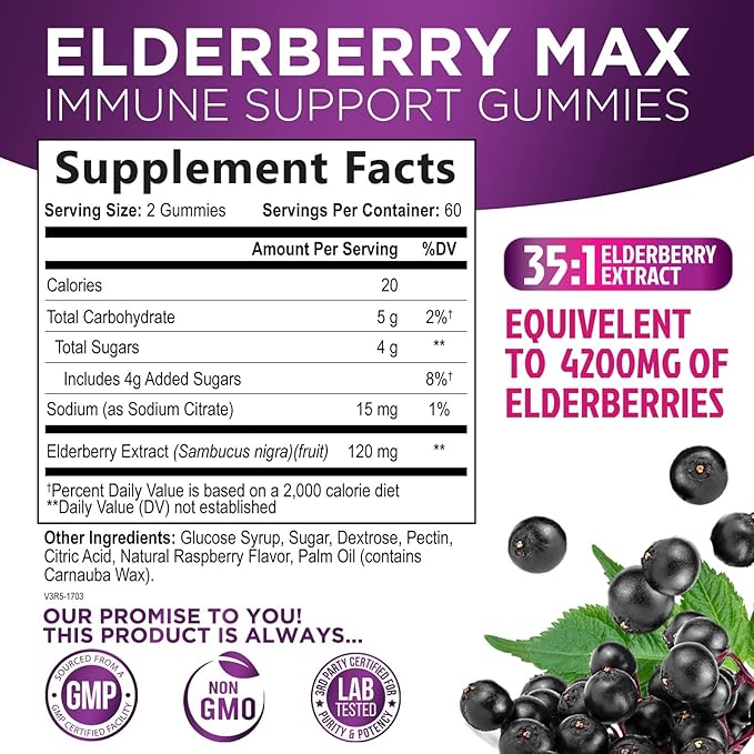 Sambucus Elderberry Immune Gummies - Daily Immune Support for Kids & Adults - Super Concentrated 35:1 Extract, Equivalent to 4200mg of Elderberries, Black Elder Berry Vitamin Supplement - 120 Gummies