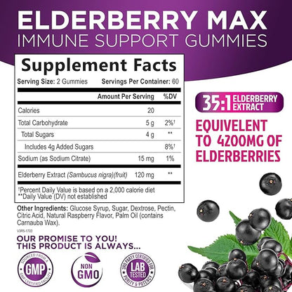 Sambucus Elderberry Immune Gummies - Daily Immune Support for Kids & Adults - Super Concentrated 35:1 Extract, Equivalent to 4200mg of Elderberries, Black Elder Berry Vitamin Supplement - 120 Gummies