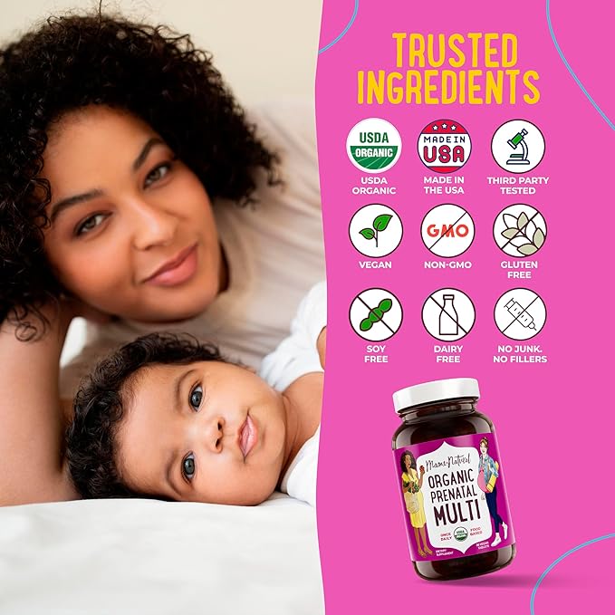 Mama Natural Organic Prenatal Vitamins for Women Vegan (30 Servings) | One A Day Prenatal Vitamins for Pregnant Women | Food Based, Non-GMO & Gluten-Free - Pre Natal Multivitamin with Folate